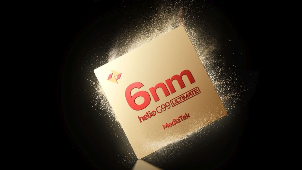 Obraz przedstawia złoty kwadratowy element z napisem \'6nm helio G99 ULTIMATE MediaTek\'. W tle widać rozpraszające się drobinki, co nadaje dynamiczny efekt.