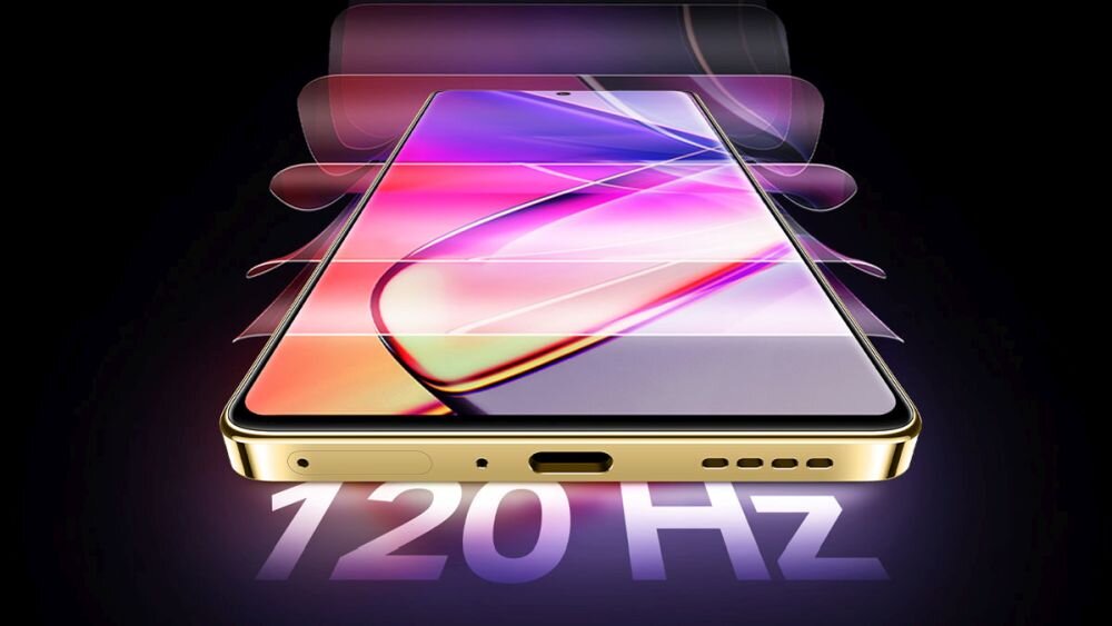 Złoty smartfon z dużym ekranem, na którym widoczne są kolorowe wzory. Na dole obrazu znajduje się napis \'120 Hz\'.