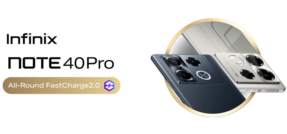 Obraz przedstawia dwa smartfony z dużymi aparatami fotograficznymi na tylnej obudowie, jeden w kolorze czarnym, drugi w jasnym odcieniu. Po lewej stronie widnieje tekst: \'Infinix NOTE 40 Pro All-Round FastCharge2.0\'.