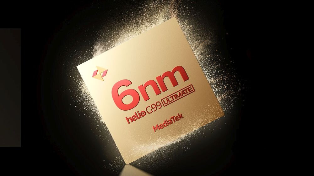 Obraz przedstawia złoty kwadratowy element z napisem \'6nm helio G99 ULTIMATE MediaTek\'. Wokół elementu widoczne są efekty świetlne przypominające rozpraszający się pył.