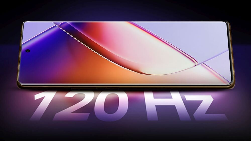 Na obrazie widoczny jest smartfon z dużym, zakrzywionym ekranem, wyświetlający kolorowe gradienty. Pod urządzeniem znajduje się napis \'120 Hz\'.