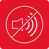 Czerwony znak z białym symbolem przekreślonego głośnika i fal dźwiękowych.