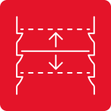 Ikona przedstawia dwie strzałki skierowane w górę i w dół pomiędzy przerywanymi liniami. Tło jest czerwone.