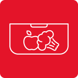 Czerwone tło z białą ikoną przedstawiającą jabłko i brokuł w pojemniku.