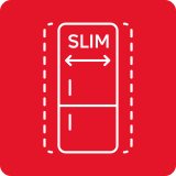 Ikona przedstawia schemat lodówki z napisem \'SLIM\' i strzałką wskazującą szerokość. Tło jest czerwone, a schemat i tekst są białe.