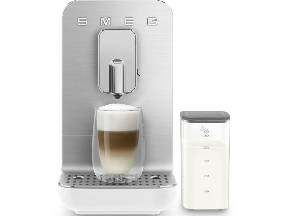 Ekspres SMEG BCC13WHMEU szereg inteligentnym alarmów konieczność odkamieniania uzupełnienie kawy wody zapełnienie zbiornika na fusy pełna gotowość do pracy koniec cyklu parzenia brak jednostki zaparzajacej 