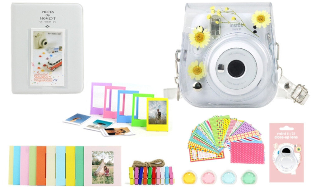 Zestaw akcesoriow LOVEINSTANT 8w1 do FUJIFILM Instax Mini 11 Przezroczysty Rumianki zawartosc zestawu