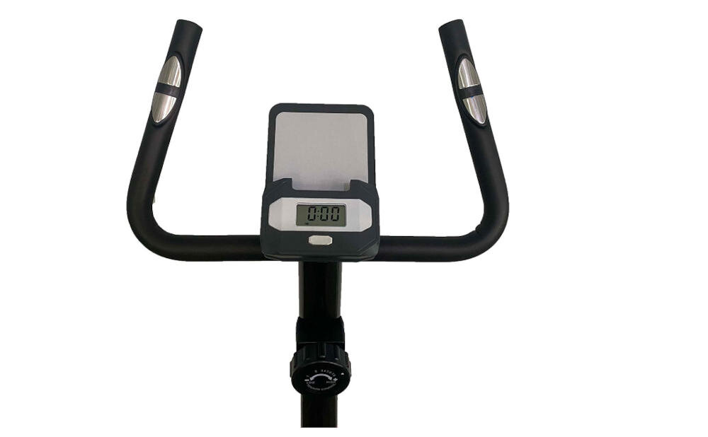 Czarny uchwyt roweru magnetycznego z wbudowanym wyświetlaczem pokazującym \'0:00\'. Poniżej znajduje się pokrętło regulacyjne.