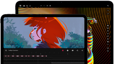 Na obrazie widoczne są dwa tablety z wyświetlonymi kolorowymi grafikami. Na pierwszym ekranie widać postać z czerwonymi włosami, a na drugim abstrakcyjne wzory.