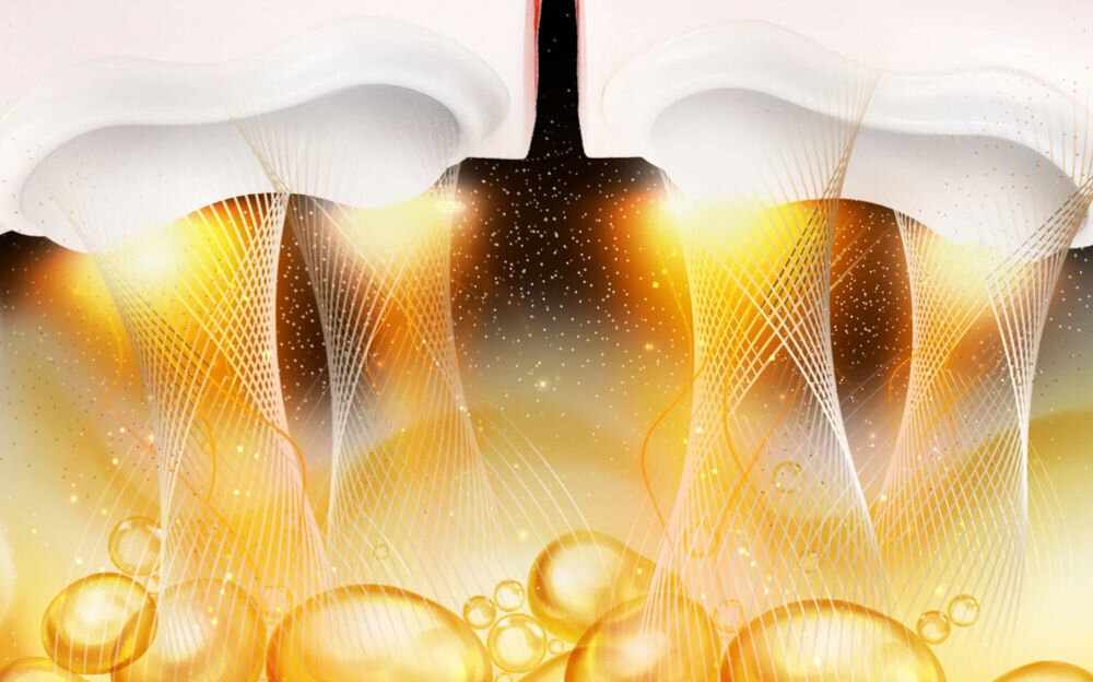 Obraz przedstawia dwa białe elementy z których wydobywają się złote, świetliste linie i bąbelki. Tło jest ciemne z jasnymi, złotymi akcentami.