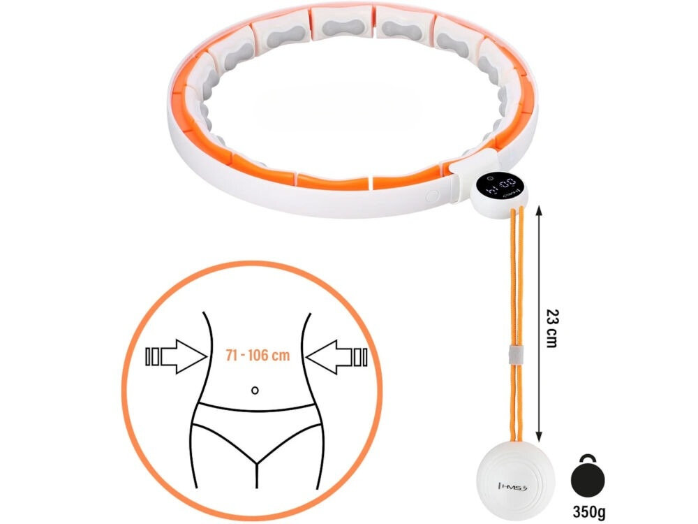 Obraz przedstawia biało-pomarańczowe hula hop z regulowanym obwodem od 71 do 106 cm. Obok znajduje się ilustracja z wymiarami 23 cm i wagą 350g, oraz logo HMS.