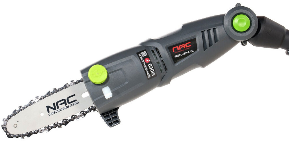 Piła elektryczna NAC PCE71-SAH-E-CH 710W możliwość regulacji uchwytu w zakresie od 184 do 240 cm 40-stopniowa głowica tnąca pas na ramię