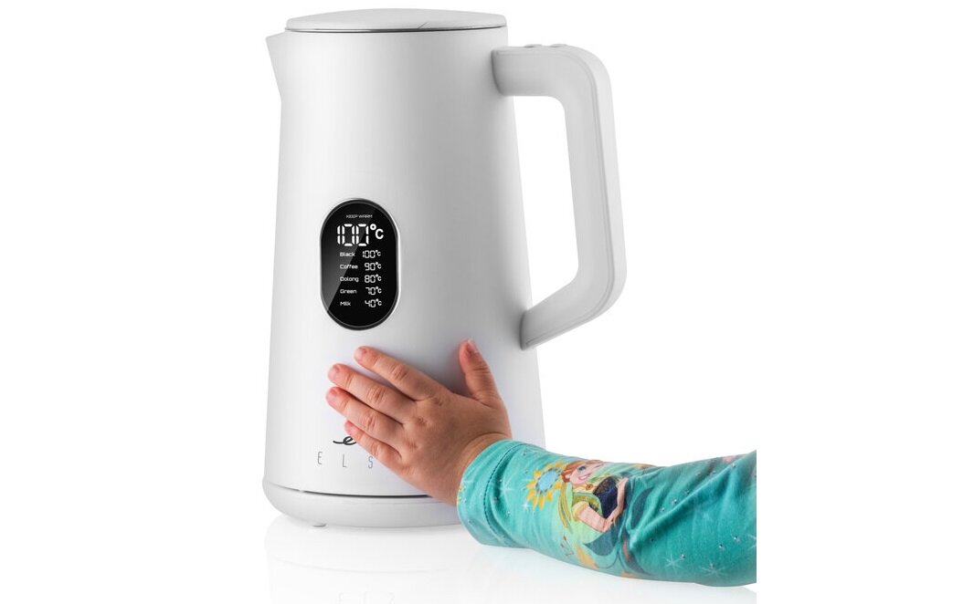 Biały czajnik z wyświetlaczem pokazującym temperatury: 40°C, 50°C, 60°C, 70°C, 80°C, 90°C, 100°C. Na czajniku widoczna jest dłoń dziecka w kolorowej bluzie.