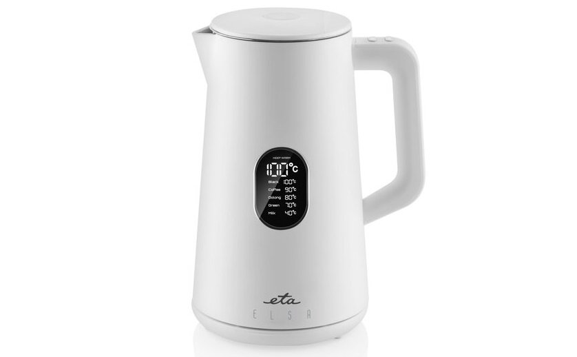 Biały czajnik elektryczny z wyświetlaczem pokazującym temperaturę i różne opcje grzania. Na dole widoczne jest logo \'eta\' oraz napis \'ELSA\'.