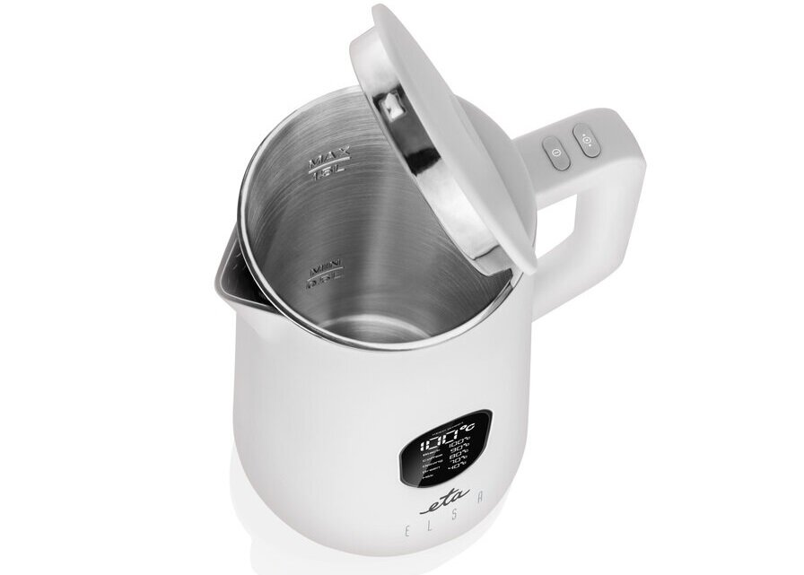 Biały czajnik z otwartą pokrywą, wewnątrz widoczne oznaczenia poziomu wody. Na zewnętrznej stronie znajduje się wyświetlacz z temperaturą oraz logo \'eta ELSA\'.