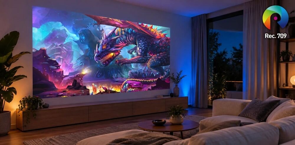 Projektor ACER Vero PL2810G HDR10 Rec. 709 93 procent przestrzeni barw realistyczne kolory, Salon z obrazem smoka wyświetlanym na ścianie