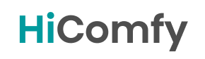 Logo z napisem \'HiComfy\' w kolorach turkusowym i szarym.