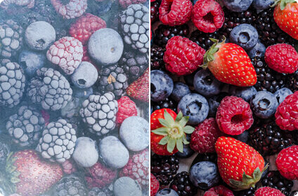 Obraz przedstawia dwie sekcje z owocami: po lewej stronie zamrożone jagody, maliny i truskawki, a po prawej świeże jagody, maliny i truskawki.