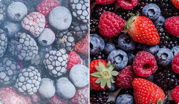 Obraz przedstawia dwa zestawy owoców: po lewej stronie zamrożone jagody, maliny i jeżyny, a po prawej świeże truskawki, jagody, maliny i jeżyny.