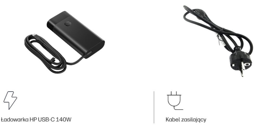 Obraz przedstawia czarną ładowarkę HP USB-C 140W z dołączonym kablem oraz osobno pokazany kabel zasilający z wtyczką. Pod ładowarką znajduje się napis \'Ładowarka HP USB-C 140W\', a pod kablem napis \'Kabel zasilający\'.