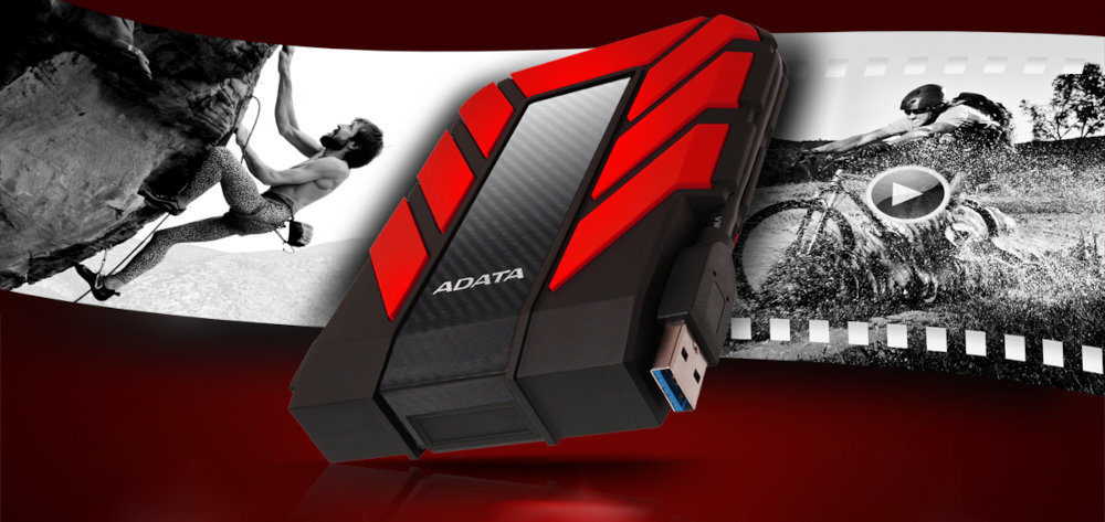 Dysk ADATA HD710 Pro w kolorze czerwonym na tle filmu