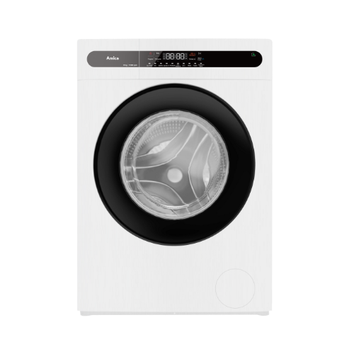 Pralka w kolorze białym z czarnym panelem sterowania i dużymi drzwiczkami z przezroczystym oknem. Na panelu widoczny jest wyświetlacz cyfrowy oraz logo \'Amica\'.