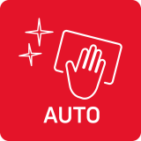 Czerwona ikona z białym symbolem dłoni trzymającej kartkę oraz dwoma gwiazdkami. Poniżej znajduje się napis \'AUTO\'.