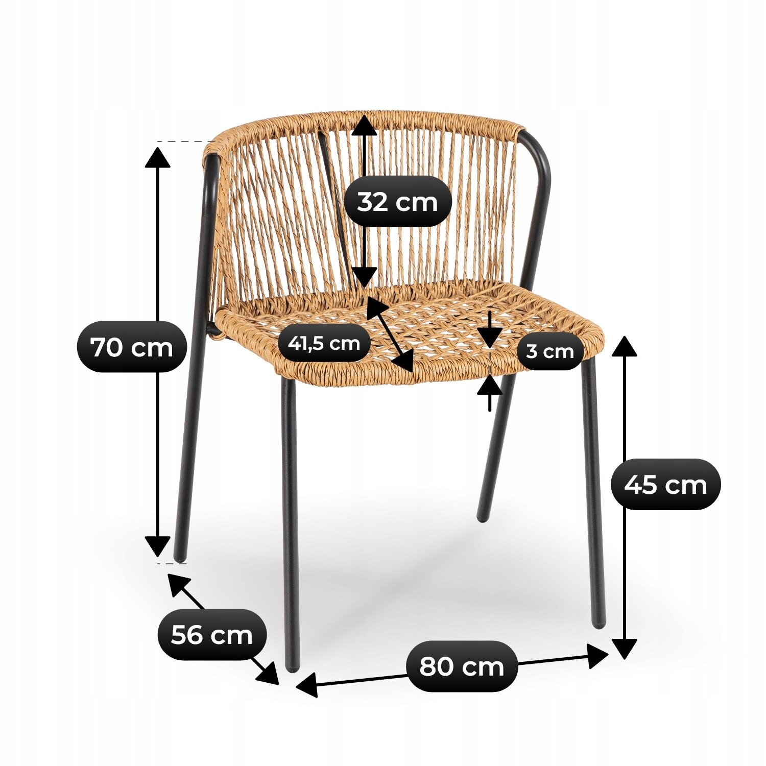 Na obrazie widoczne jest krzesło z rattanowym siedziskiem i oparciem, z czarnymi metalowymi nogami. Obok krzesła znajdują się wymiary: 70 cm, 32 cm, 41,5 cm, 3 cm, 45 cm, 56 cm, 80 cm.