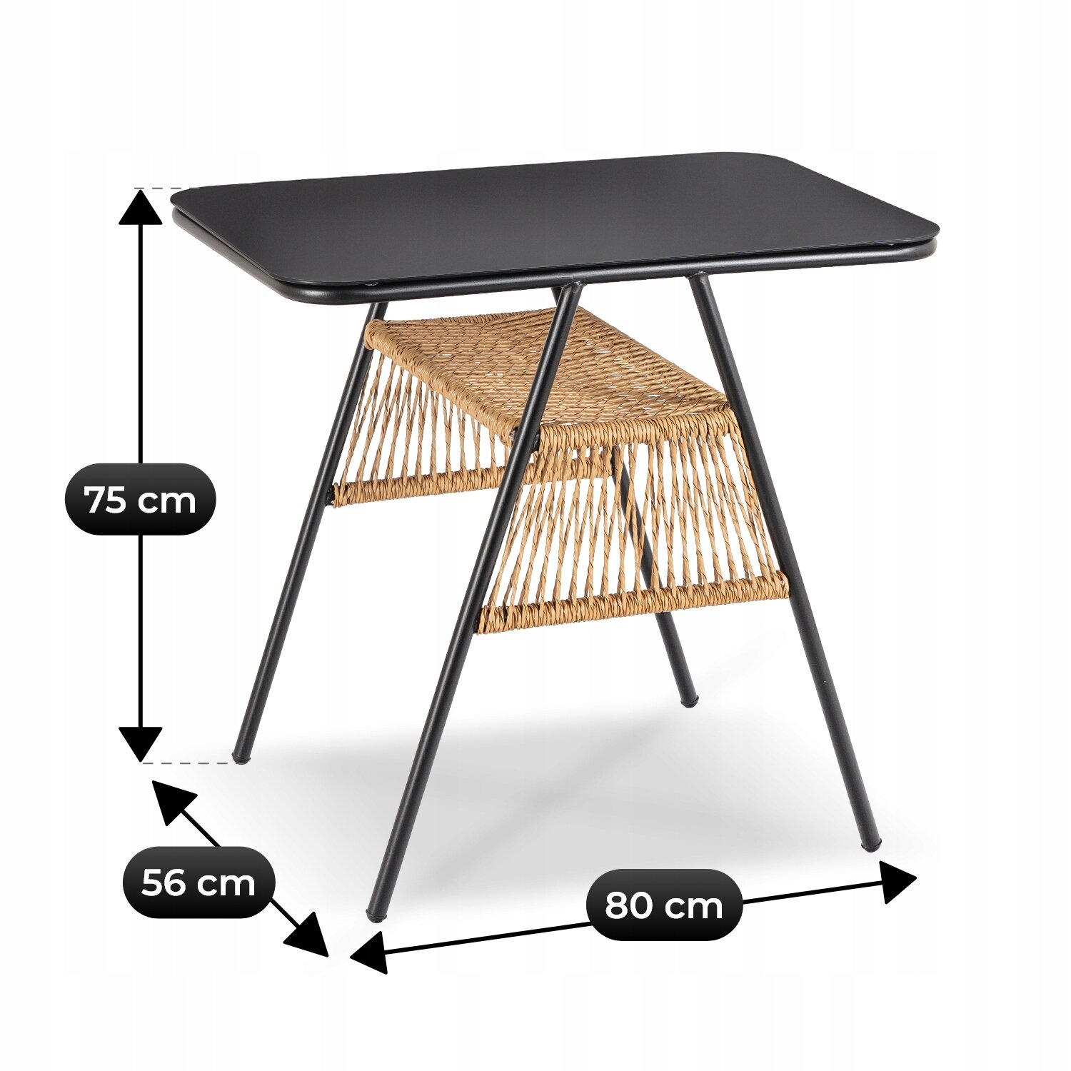 Stolik z czarnym blatem i metalowymi nogami, z półką z plecionki rattanowej. Wymiary: wysokość 75 cm, szerokość 80 cm, głębokość 56 cm.