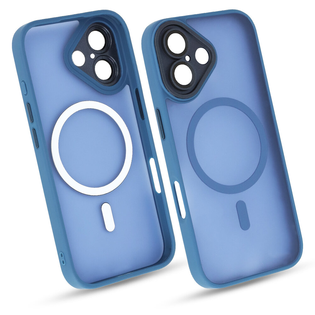 Dwa niebieskie etui na telefon z okrągłym wzorem MagSafe na tylnej części. Etui mają wycięcia na aparat i przyciski boczne.
