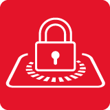 Czerwona ikona z białą grafiką przedstawiającą kłódkę na tle okręgu z kreskami, symbolizująca bezpieczeństwo lub blokadę.