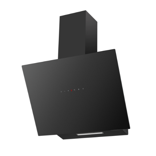 Czarny okap kuchenny o nowoczesnym designie z panelem dotykowym i kilkoma ikonami na froncie. Widoczny jest prostokątny kształt z lekko pochyloną powierzchnią.
