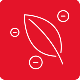 Czerwona ikona z białym konturem liścia i trzema okręgami z minusami w środku.