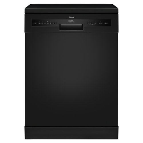 Czarna zmywarka z panelem sterowania na górze, na którym widoczne jest logo \'Amica\' oraz wyświetlacz pokazujący \'20:35\'.