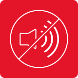 Czerwony kwadrat z białym symbolem przekreślonego głośnika i fal dźwiękowych.