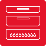 Czerwona ikona przedstawiająca zarys zmywarki z trzema poziomymi liniami i symbolami kropli wody na dole.