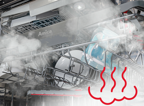 Wnętrze zmywarki z widocznymi naczyniami i parą unoszącą się wokół. Na górnej części widoczne jest logo \'Amica\'.
