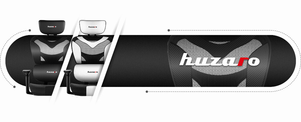 Obraz przedstawia dwa czarne fotele gamingowe z białymi i szarymi elementami oraz logo \'huzaro\' na zagłówkach. Na środku znajduje się powiększone logo \'huzaro\' na czarnym tle z szarymi wzorami.