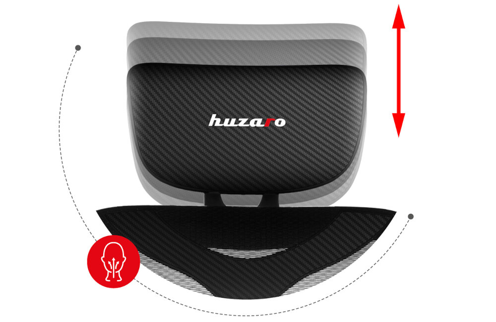 Obraz przedstawia oparcie fotela z napisem \'huzaro\' na tle wzoru przypominającego włókno węglowe. Widoczna jest czerwona strzałka wskazująca możliwość regulacji wysokości oraz ikona z symbolem głowy w czerwonym kółku.