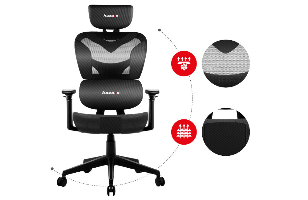 Czarny fotel gamingowy z napisem \'huzaro\' na zagłówku i oparciu, z widocznymi elementami z siatki i karbonowym wykończeniem. Obok fotela znajdują się dwa okrągłe symbole z czerwonymi ikonami wskazującymi na wentylację i wytrzymałość materiału.