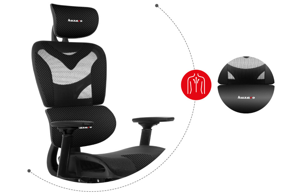 Czarny fotel gamingowy z siatkowym oparciem i regulowanymi podłokietnikami, z logo \'huzaro\' na zagłówku i oparciu. Obok znajduje się czerwony symbol przedstawiający kręgosłup.