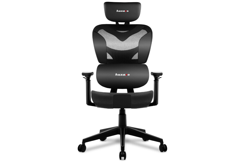 Czarny fotel gamingowy z siatkowym oparciem i regulowanymi podłokietnikami. Na zagłówku i oparciu widoczne jest logo \'huzaro\'.