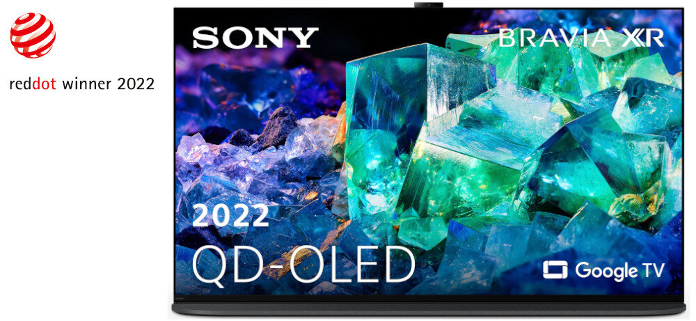 Obraz przedstawia telewizor z kolorowym wyświetlaczem, na którym widnieje tekst: \'SONY\', \'BRAVIA XR\', \'2022 QD-OLED\', \'Google TV\'. Obok telewizora znajduje się logo \'reddot winner 2022\'.
