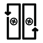 Czarny symbol przedstawiający dwa prostokąty z okręgami i strzałkami wskazującymi w dół i w górę.
