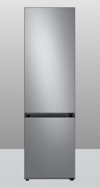 Lodówka o nowoczesnym designie, wykonana ze szczotkowanej stali nierdzewnej. Posiada gładką powierzchnię bez widocznych uchwytów.