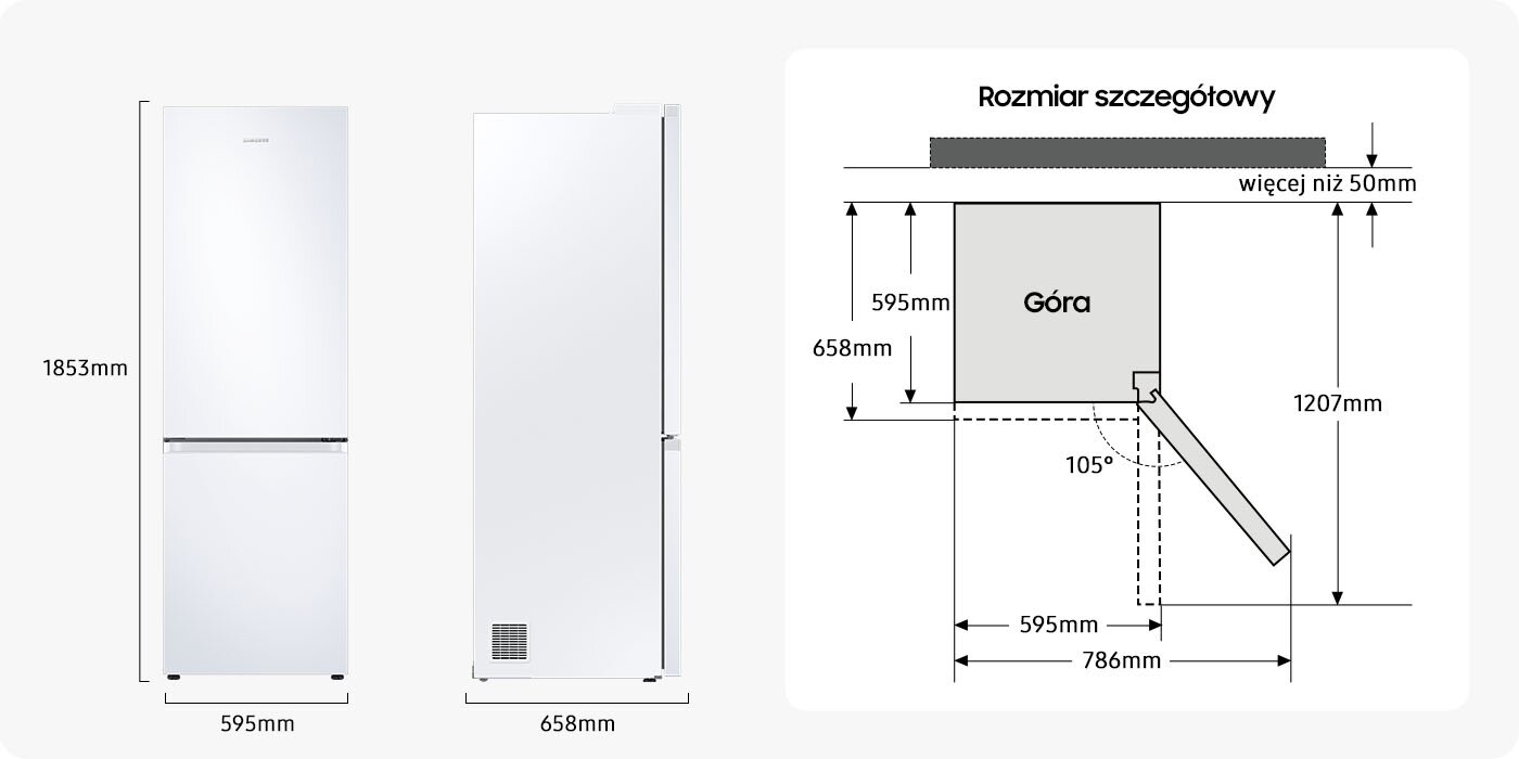 Lodówka z dolnym zamrażalnikiem RB34C603CWW/EF z opisem wymiarów Obraz przedstawia białą lodówkę z oznaczeniami wymiarów: wysokość 1853 mm, szerokość 595 mm, głębokość 658 mm. Obok znajduje się schemat z wymiarami szczegółowymi, w tym kąt otwarcia drzwi 105 stopni i głębokość 786 mm przy otwartych drzwiach.