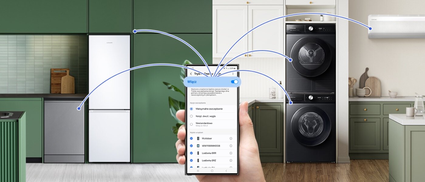 Kontroluj urządzenia Samsung za pomocą aplikacji SmartThings W kuchni znajduje się biała lodówka obok zmywarki, a po drugiej stronie pralka i suszarka ustawione pionowo. Na pierwszym planie widoczny jest smartfon z aplikacją do zarządzania urządzeniami, z którego wychodzą linie wskazujące na sprzęty AGD.