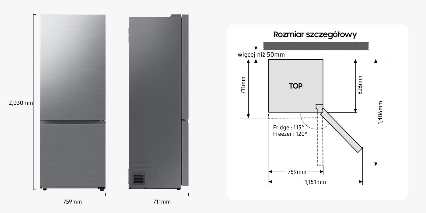 Wymiary lodówki Samsung Combi MAX Obraz przedstawia lodówkę w kolorze szczotkowanej stali nierdzewnej z wymiarami 2030 mm wysokości, 759 mm szerokości i 711 mm głębokości. Obok znajduje się schemat z napisem \'Rozmiar szczegółowy\' pokazujący wymiary otwarcia drzwi lodówki i zamrażarki.