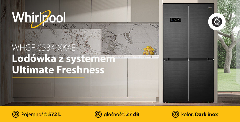 LODÓWKA WHIRLPOOL WHGF 6534 XK4E Czterodrzwiowa lodówka Whirlpool w czarnym wykończeniu ustawiona w jasnej zabudowie kuchennej. Na grafice widoczne są informacje o pojemności 572 l, głośności 37 dB i kolorze Dark Inox