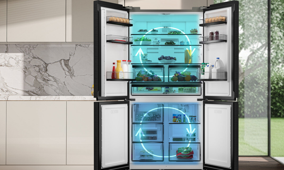 LODÓWKA WHIRLPOOL WHGF 6534 XK4E Otwarta czterodrzwiowa lodówka z produktami spożywczymi na półkach i w zamrażarce. Na grafice widoczne są duże okrągłe strzałki symbolizujące obieg powietrza Dual NoFrost brak szronu brak rozmrażania niezależne chłodzenie